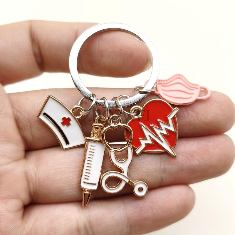 New Nurse Keychain Medical Tool Key Chain Heartbeat Stethoscope Syringe Doctor Cap Key Ring Nurse Gift DIY Handmade Jewelry