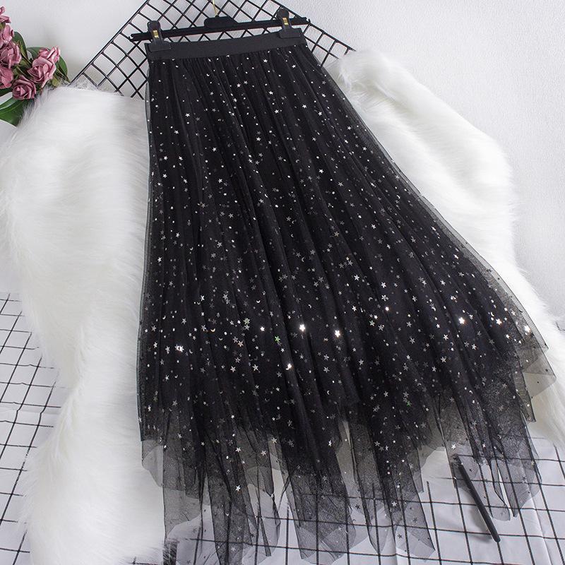 Autumn and Winter High Waist All-match Star Sequined Mesh Skirt Mid-length Long Skirts for Women Slim