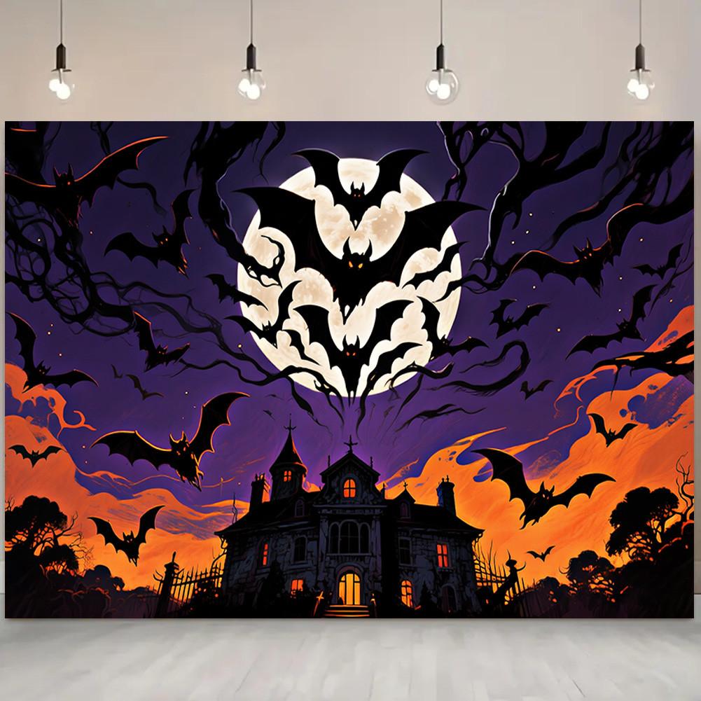 Страшный баннер-фон на Хэллоуин - Замок с летучими мышами и полной луной для вечеринок в помещении/на открытом воздухе, выпускного, декора на Хэллоуин, мероприятия