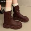 Зимние женские сапоги на платформе для снега, дизайнерские мотоциклетные ботинки средней длины, кожаные туфли на среднем каблуке, трендовая мода, готические ботинки Mujer