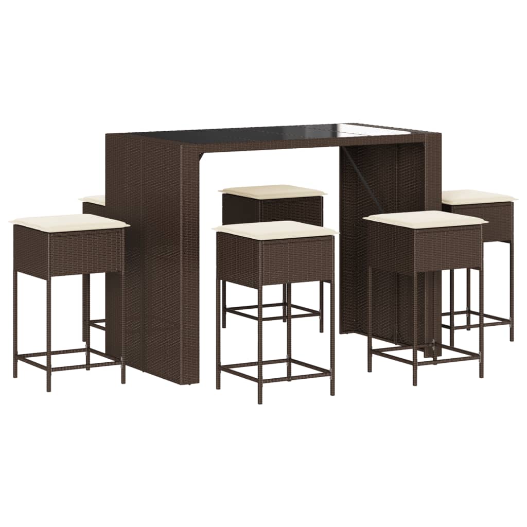 7 Piece Garden Bar Set with Cushions Brown Poly Rattan