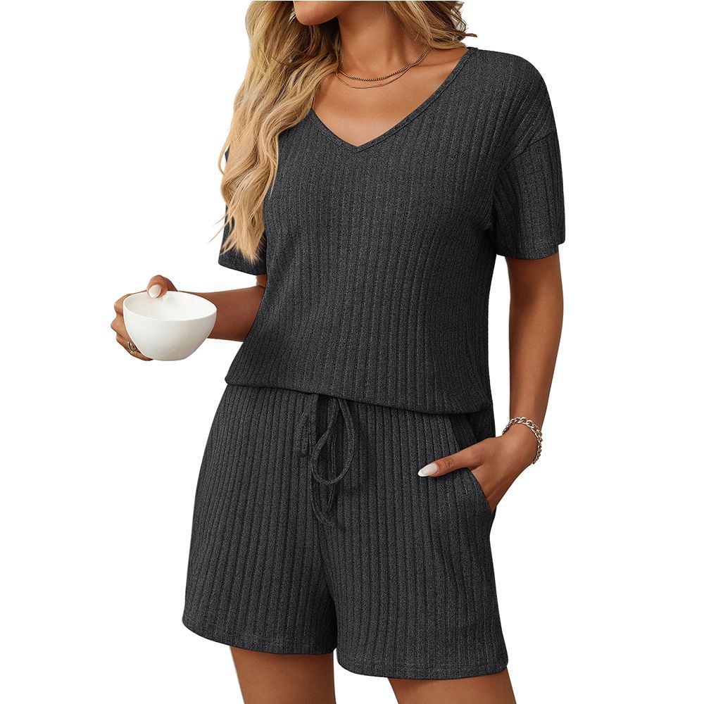 Women's Fashion Solid Colour V-Neck Short-Sleeved Shorts Home Leisure Pajamas Two-Piece Set