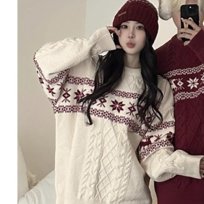 Unisex Nordic Christmas Knit Sweater With Deer Motif Cable Loose Fit Winter Pullover Teens Adults