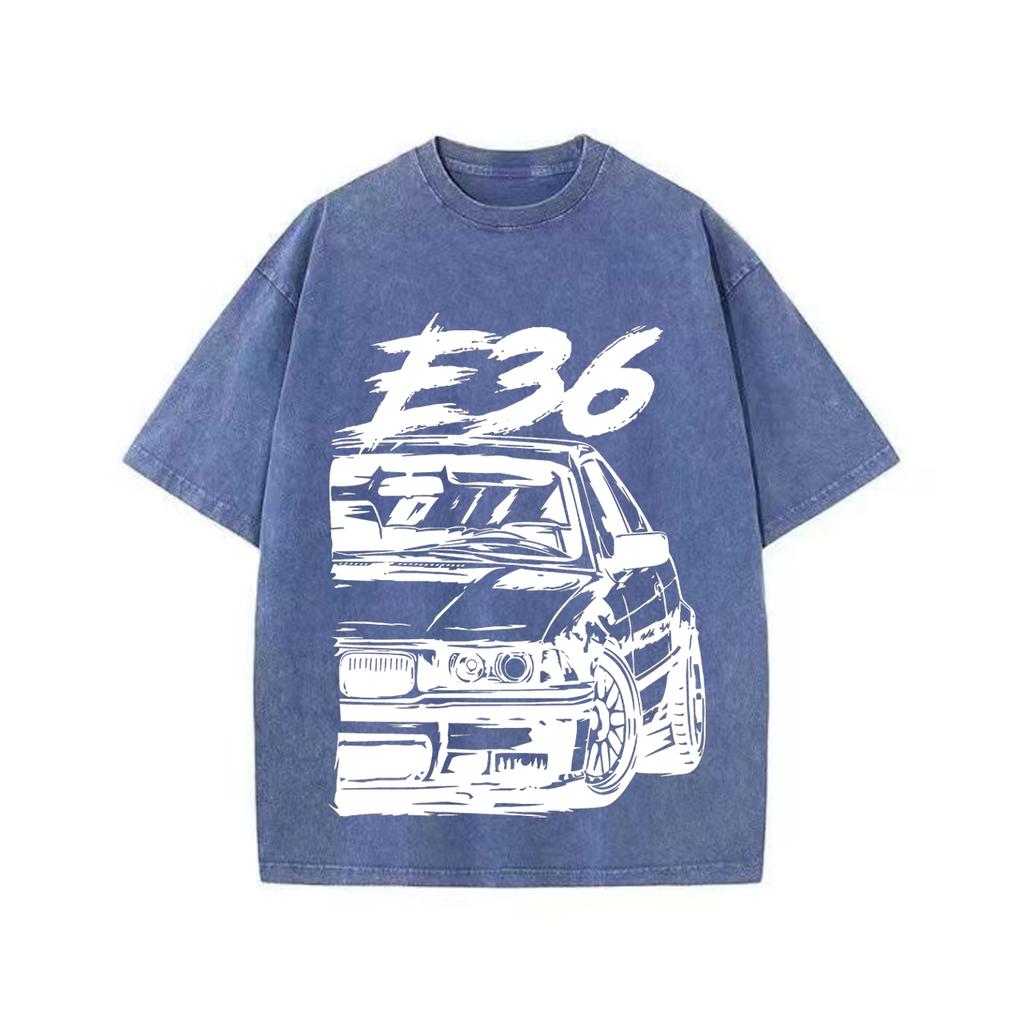 Ретро стираная винтажная футболка Высококачественные футболки E36 Футболка Летняя свободная одежда с коротким рукавом Хлопковые свободные уличные топы