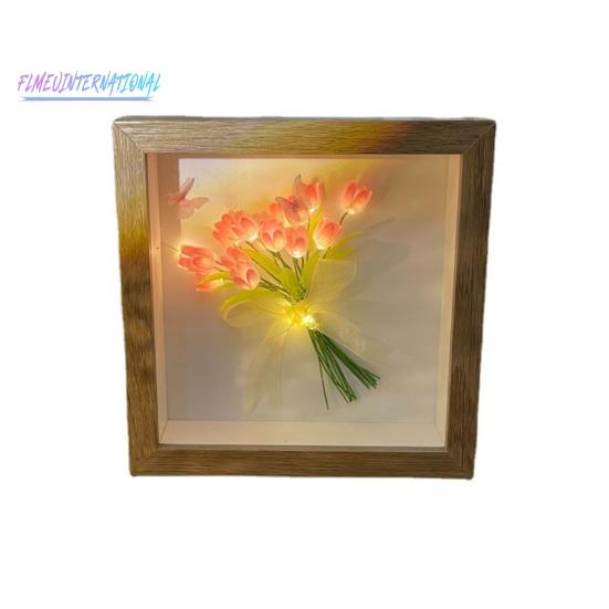 Ночник с цветком тюльпана, деревянная фоторамка ручной работы - 13/10/16, лента с цветами, квадратный подарок, сделай сам, светящийся букет тюльпанов, ночник