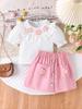 Милый комплект для девочек 2025 года, летний детский модный комплект с цветочным декором и коротким рукавом + юбка