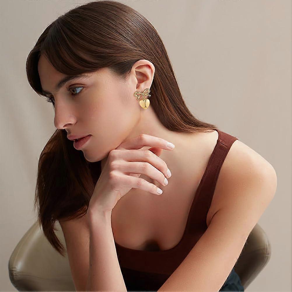 Gold Heart Dangle Earrings For Women Ribbon Bow Dangle Earrings