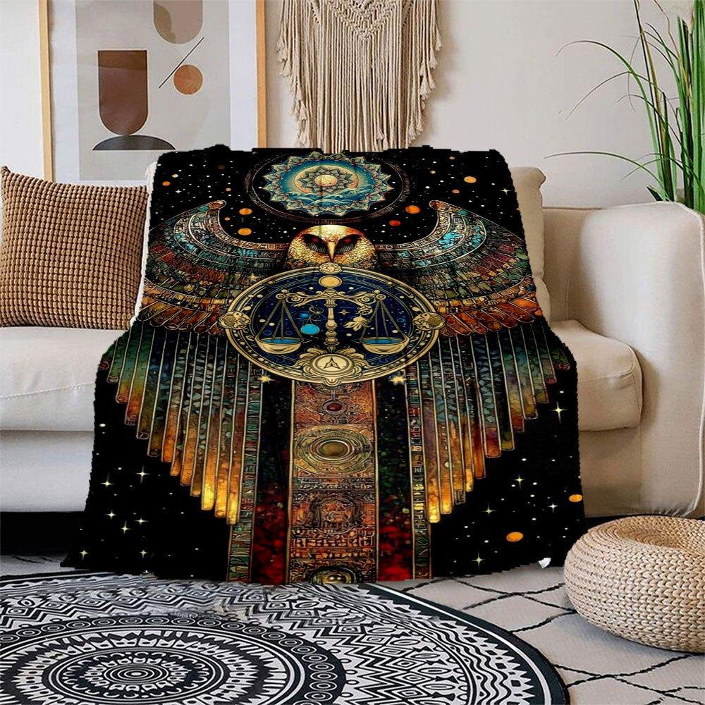 "Golden Owl of Wisdom: Mystical Art Print"Blanket Flannel Throw Blanket for Sofa, Bed, Travel, Camping, Office, Couch, Chair, And Bed Gift f