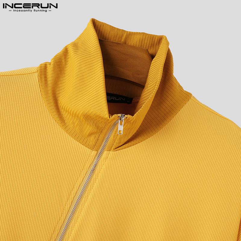 INCERUN Мужские футболки с длинным рукавом и застежкой-молнией в рубчик, повседневные водолазки