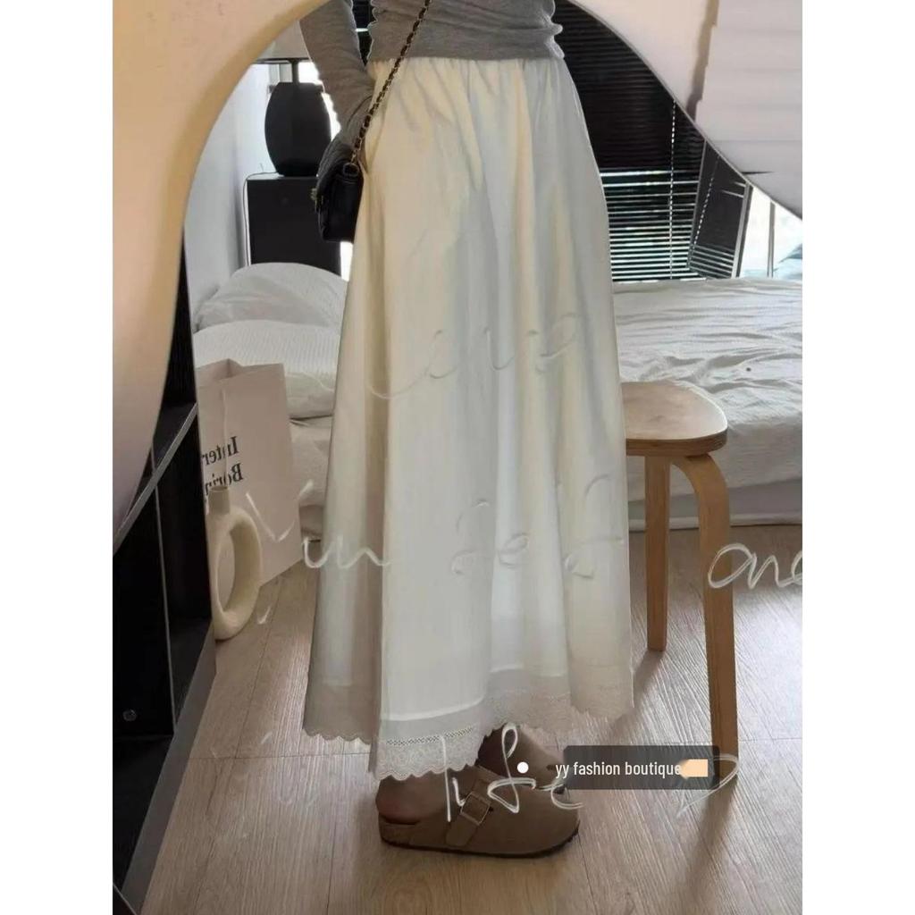 2026 Новое поступление: Элегантная белая кружевная юбка миди в корейском стиле для миниатюрных женщин - А-силуэт, дизайн "Зонт"