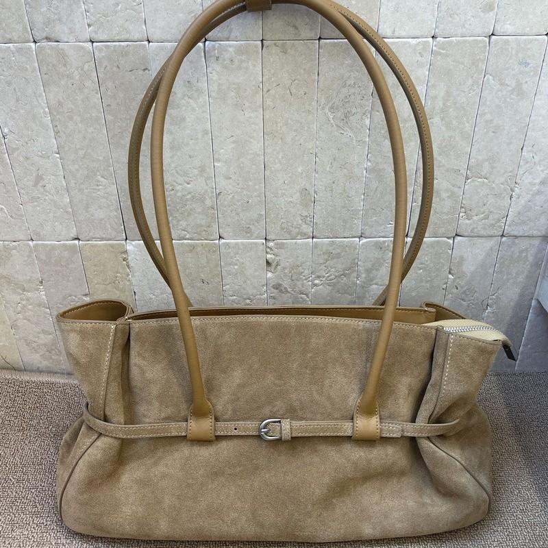 Womens Genuine Leather Tote Bag - Suede Calfskin Pleated Buckle Shoulder Underarm Work