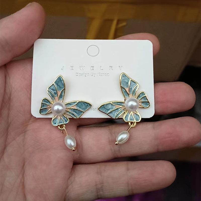 Серьги-бабочки из серебра 925 пробы с жемчугом и эмалью для женщин - Корейский ретро-стиль