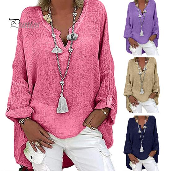 Женская рубашка с V-образным вырезом, длинным рукавом, средней длины, повседневные топы, однотонная свободная футболка из хлопка и льна, повседневная одежда