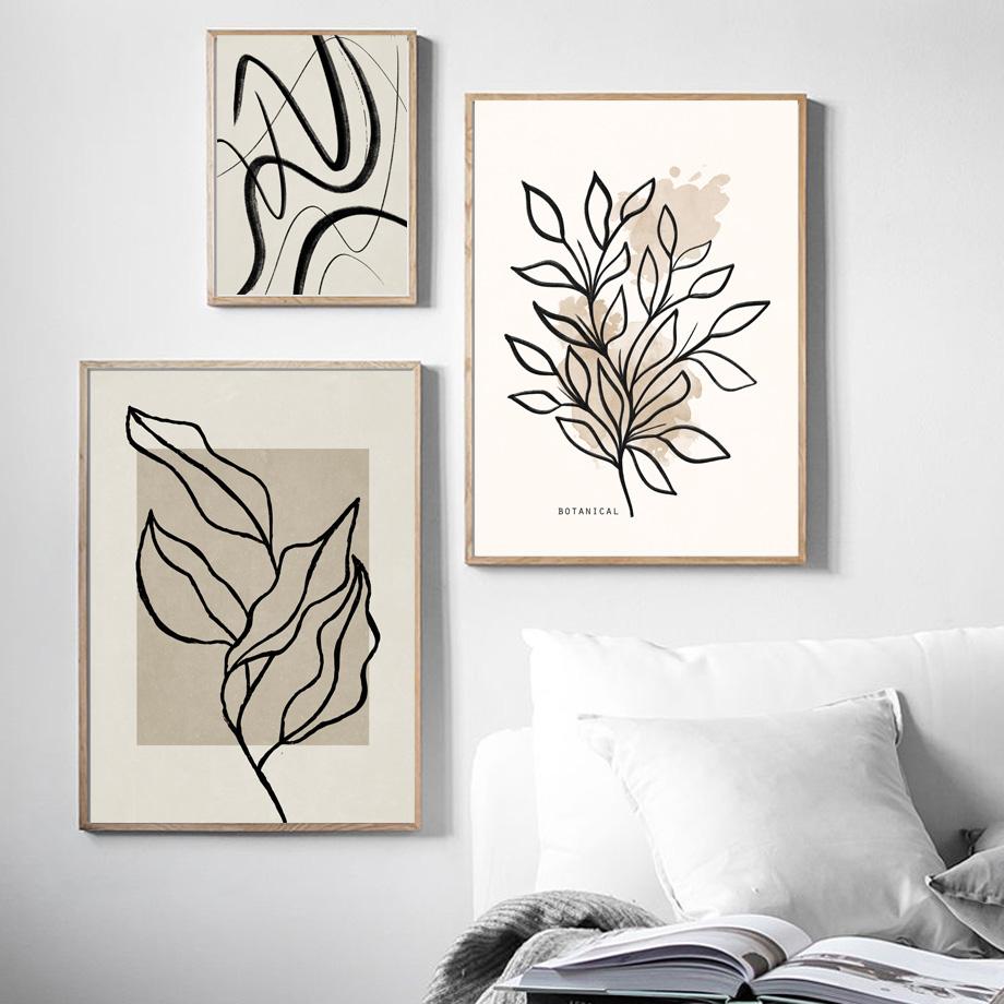 Абстрактные линии, растения, листья, геометрия, цветы, постеры и принты, холст, живопись, скандинавские настенные художественные картины для декора гостиной