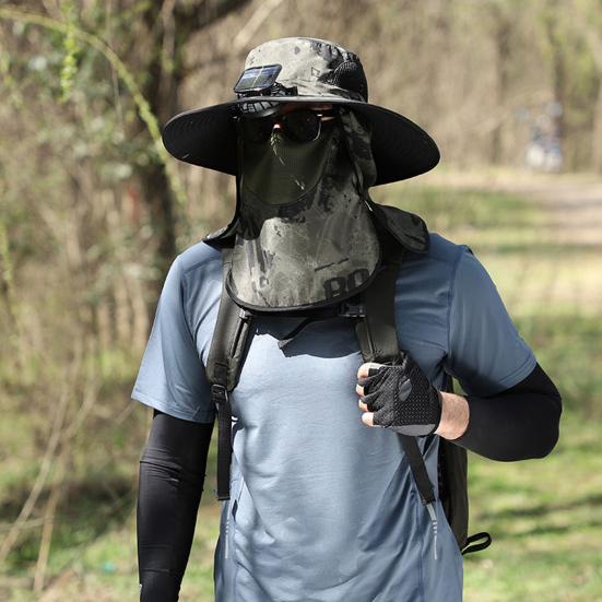 Мужская рыбацкая шляпа с солнечным вентилятором и съемной передней крышкой с большими полями и полой сеткой. Зарядка через USB. Защита от ультрафиолетового излучения и солнечного света. Отличная воздухопроницаемость.