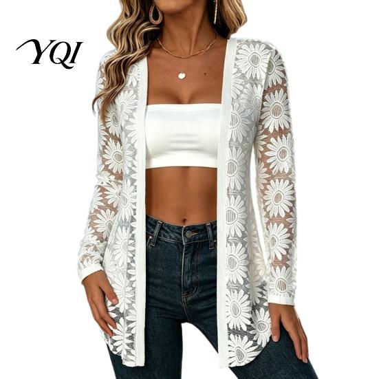 Floral Jacquard Cover-up Women Lace Cardigan, Open Front Long Sleeve Beach Cover-Up, Sheer Summer Kimono Shrug Shrug, Lightweight Casual Top Cardigan