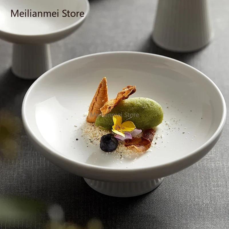High Footed Plate Ceramic Japanese Style Exquisite Small Fruit Platter Snack Plates Office Tea Dish Restaurant Hotel Tableware