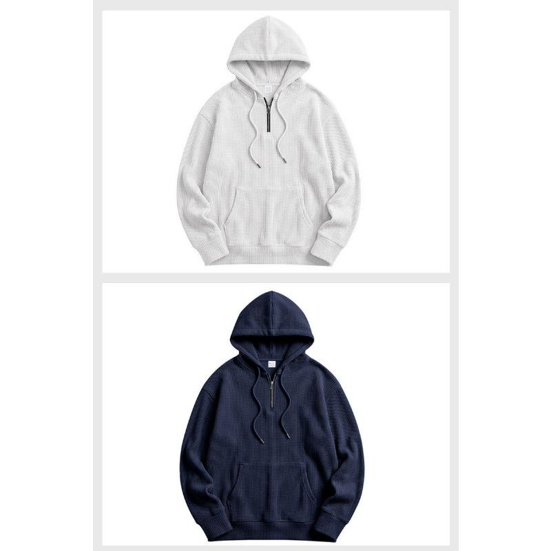 Мужская однотонная вафельная толстовка с капюшоном, на молнии до середины, с длинным рукавом