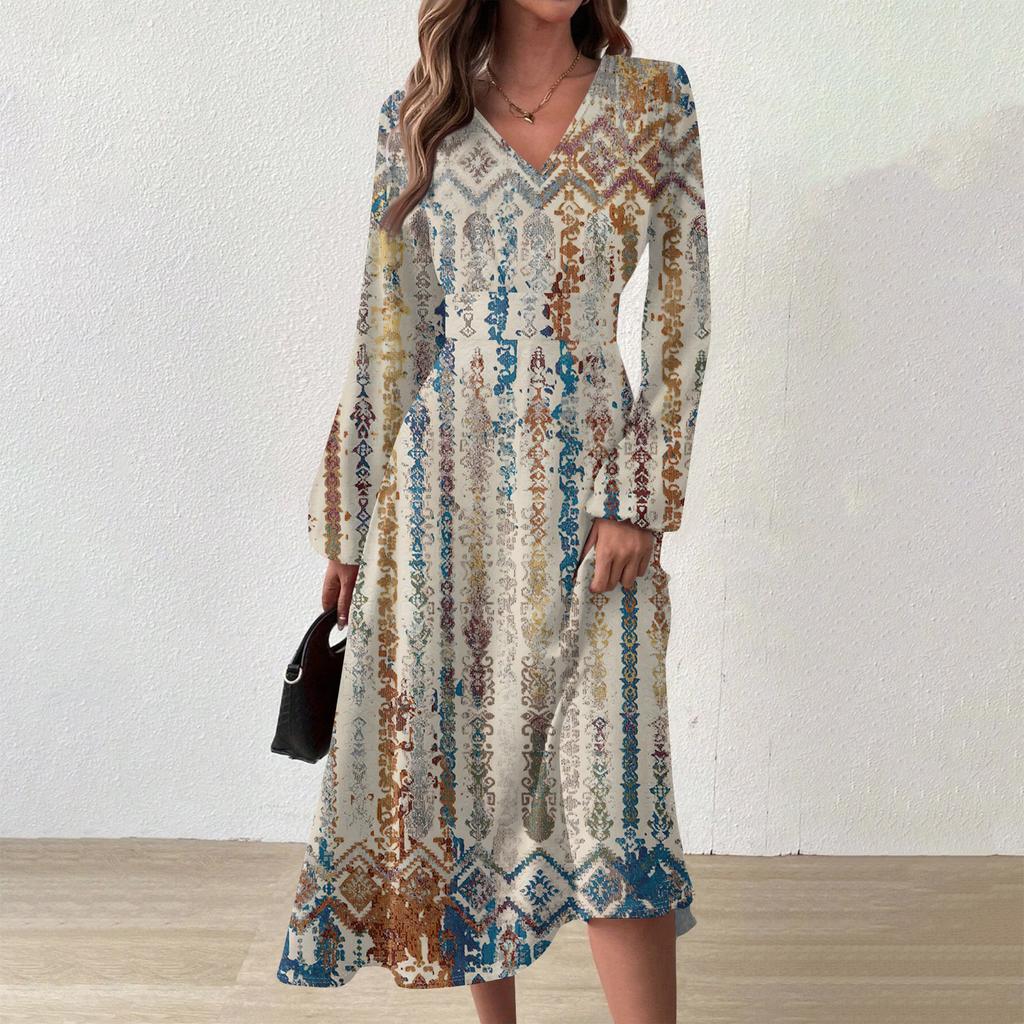 Женское осенне-зимнее повседневное модное длинное платье с v-образным вырезом и длинным рукавом с принтом