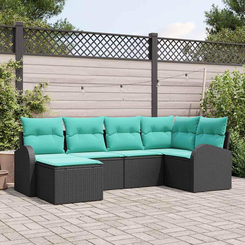 Sofa Set with Cushions 6 pcs Black and Turquoise Poly Rattan