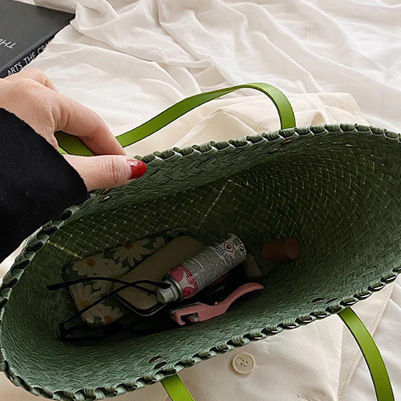 Yogodlns Summer Woven Straw Tote Bag Casual Large Capacity Rattan Beach Bag Holiday Handmade Shoulder Bag Travel Shopper Bag