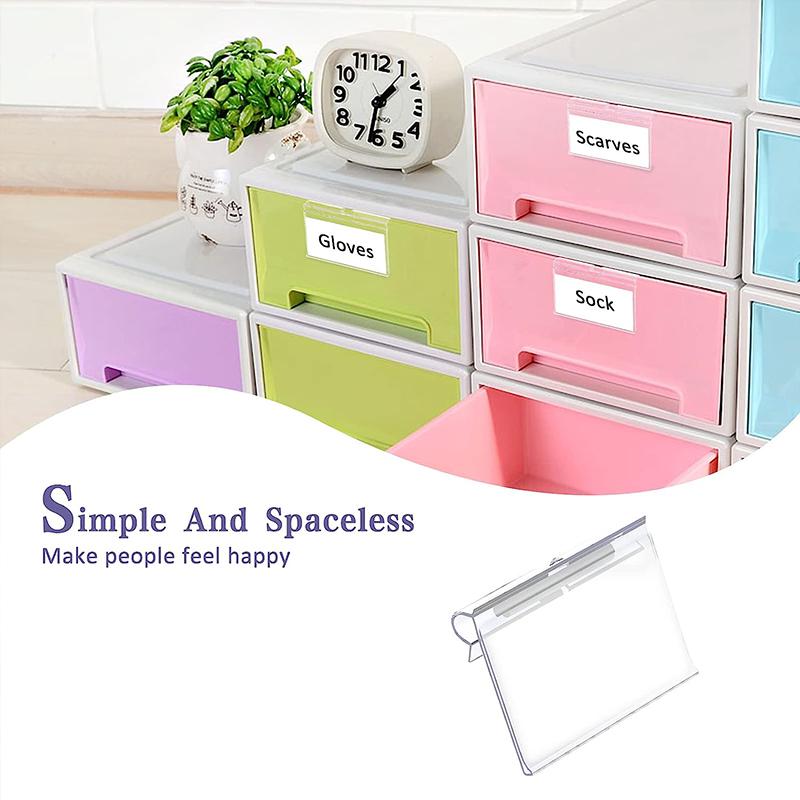 60 шт., прозрачные пластиковые зажимы для этикеток для мусорных контейнеров, идеально подходящие для проволочных полок, корзин, тканевых кубиков для хранения, шкафов для хранения, тканевых контейнеров, кладовой для еды (6х4,2 см)