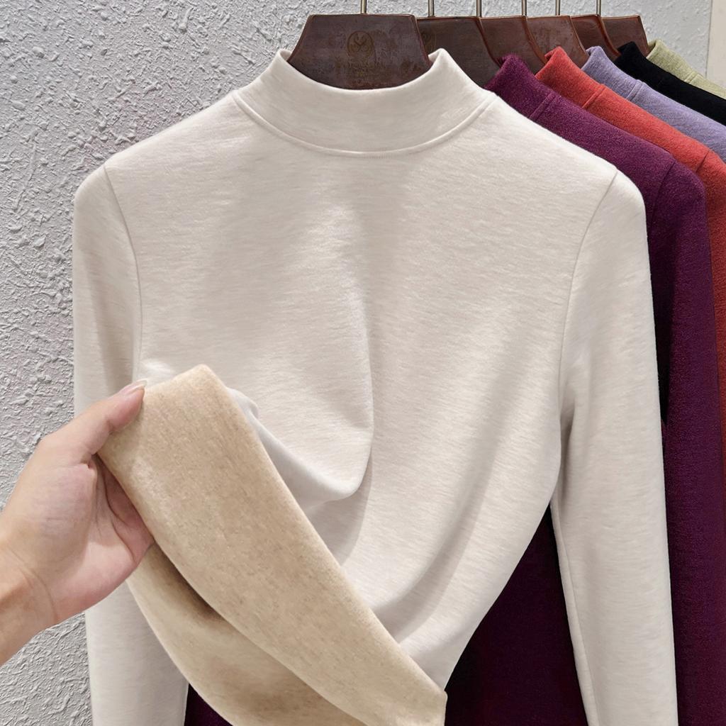 Autumn and Winter Women's Clothing Containing Wool and Silk Bottoming Shirt Women's Inner Heating Fleece Warm Turtleneck Top with Fleece and Thicker