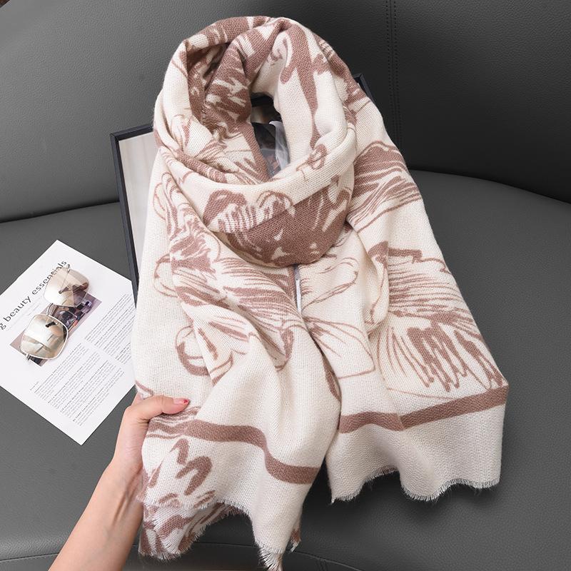 Autumn And Winter Flower Printed Cashmere Scarf Female Japanese And Korean Literary And Fresh Student Commuting Thickened Warm Shawl