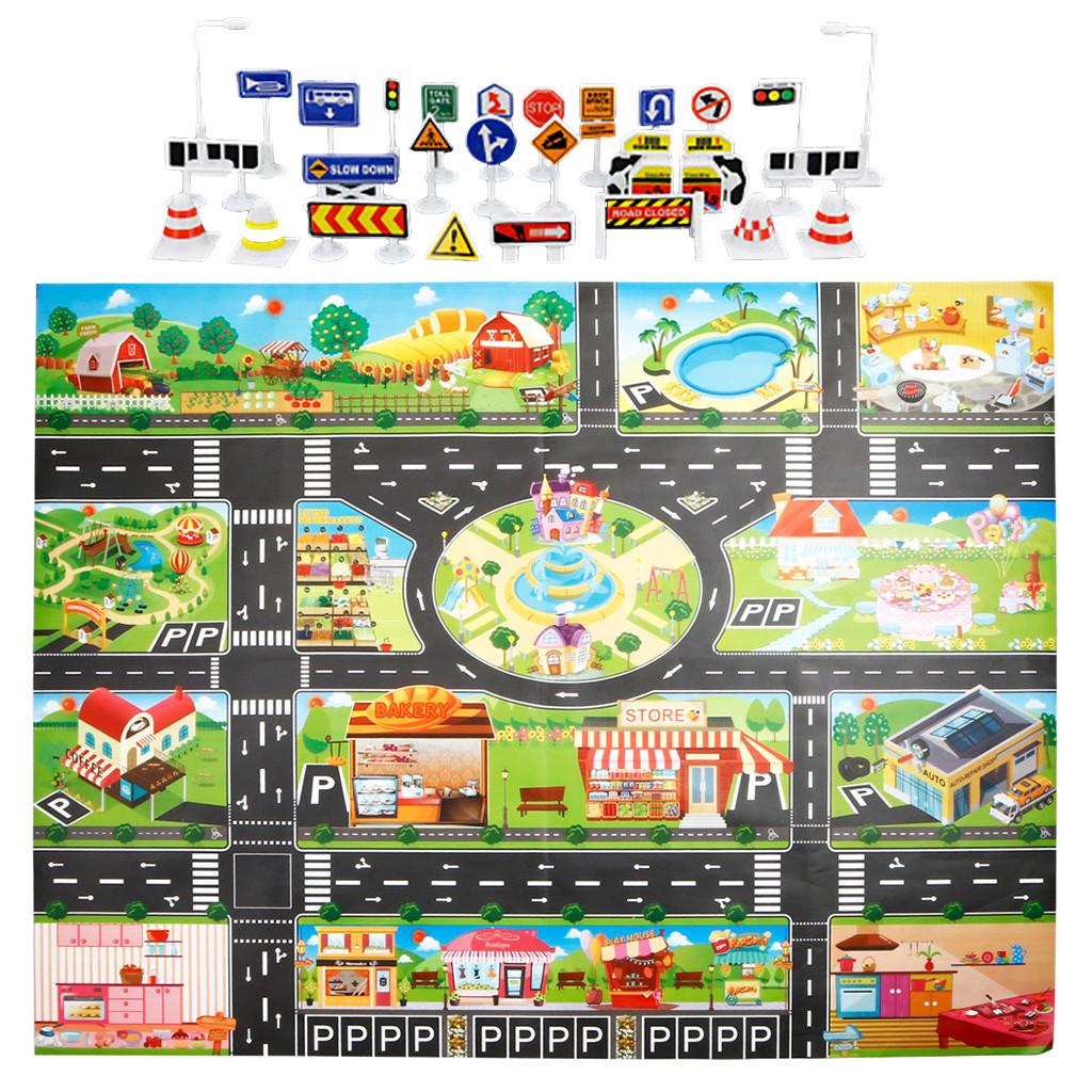 (H0826)Детский игровой коврик, городская дорога, здания, парковка, карта, карта игровой сцены с дорожным знаком