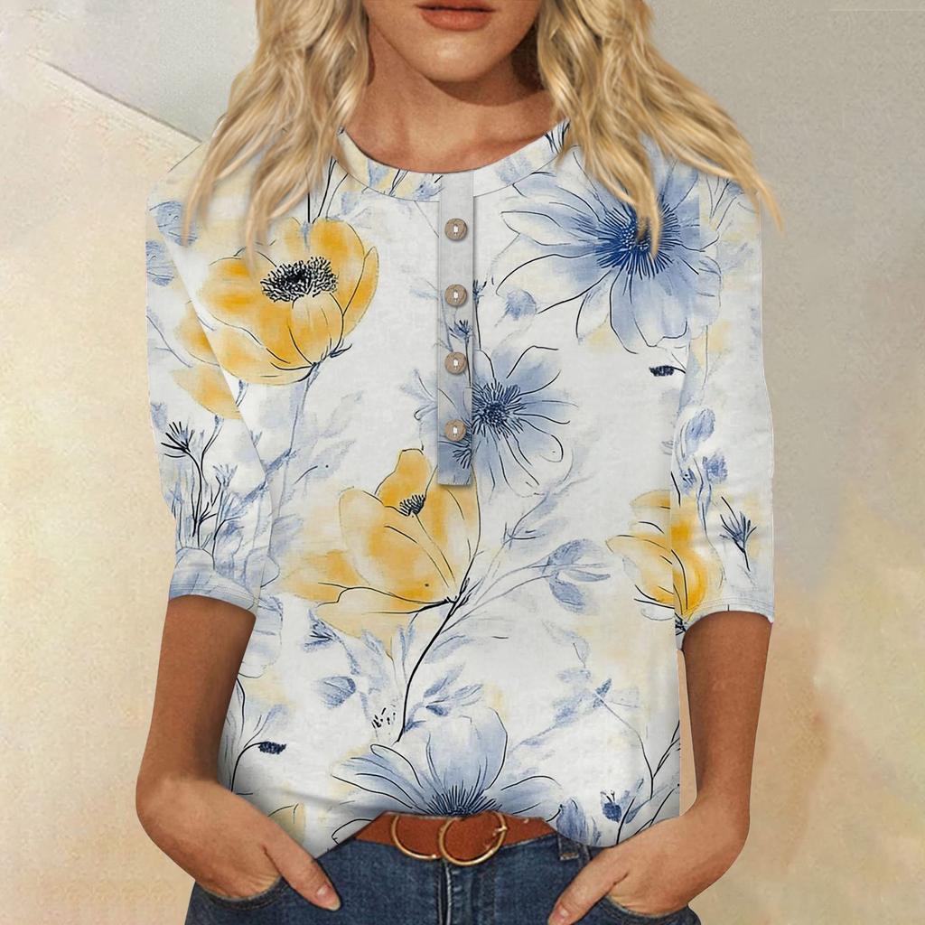 Женская мода повседневная 3/4 рукава цветочный принт пуловер круглый вырез топ повседневная одежда