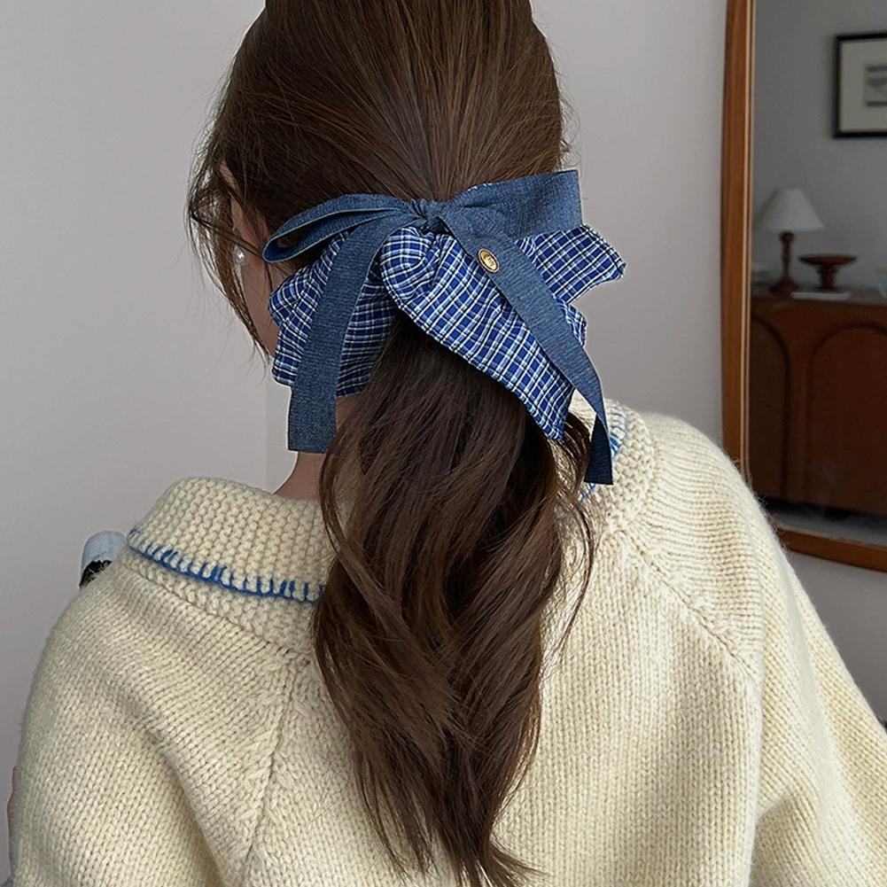Korean Bow Denim Blue Plaid Square Scarf Large Intestine Headband Hair Square Female Band Hair H0K6