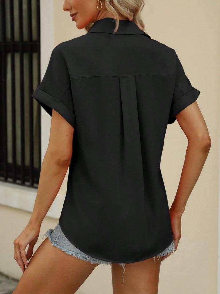 Women's V Neck Collared Button Down Shirt Short Sleeve Top with Pockets