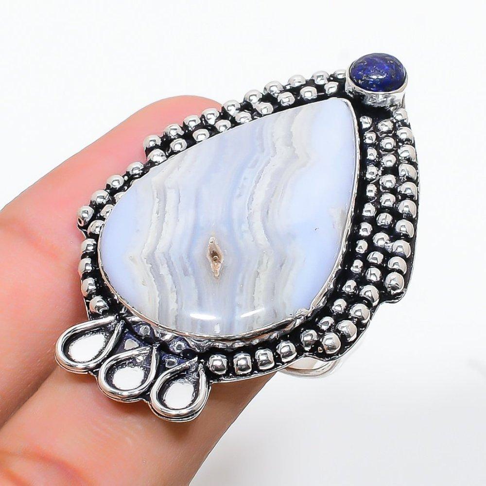 Blue Lace Agate, Lapis Handmade 925 Sterling Silver Ring Size 9 B6P89
