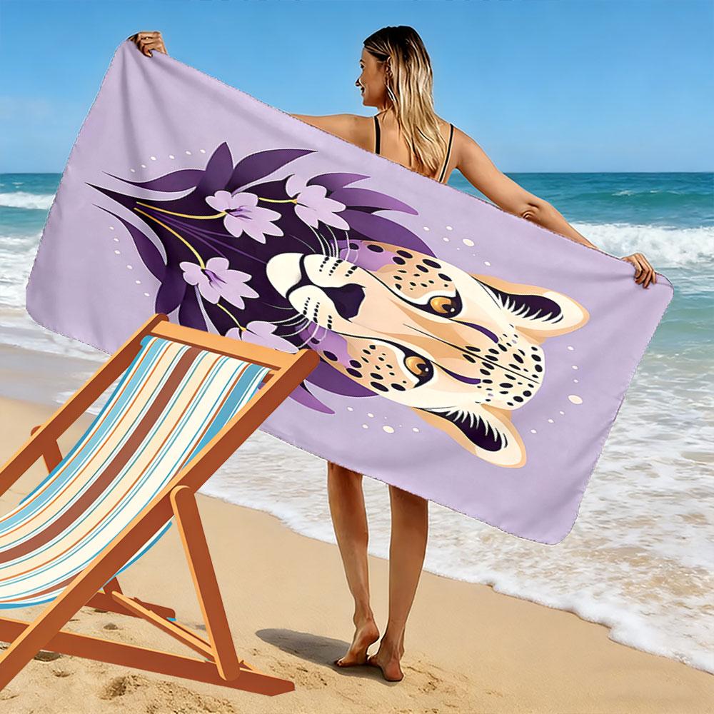Leopard Art with Purple Floral Design Patterned beach towel quick dry perfect for travel outdoor sports jogging the beach and swimming