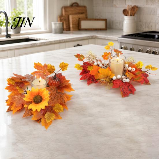 Thanksgiving Candle Holder Fall Rings Wreaths, Artificial Maple Leaf Ring for Pillar Harvest Garland Holder, Halloween Home Party Table Centerpieces,