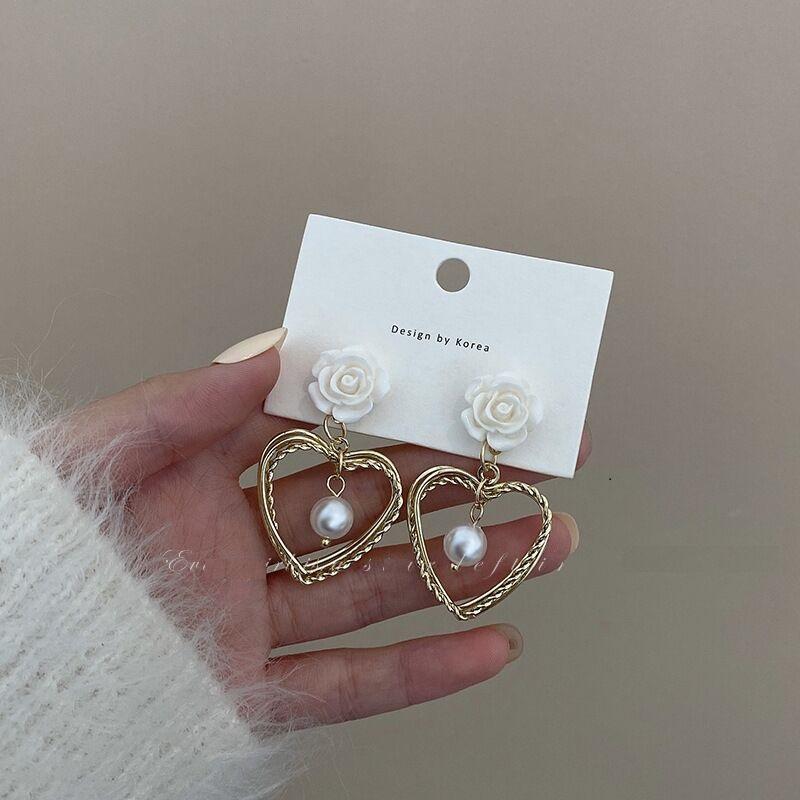 Серьги-гвоздики Love Pearl для женщин, свежие, сладкие, цветочные серьги-гвоздики, темпераментные серьги Love Heart Pearl
