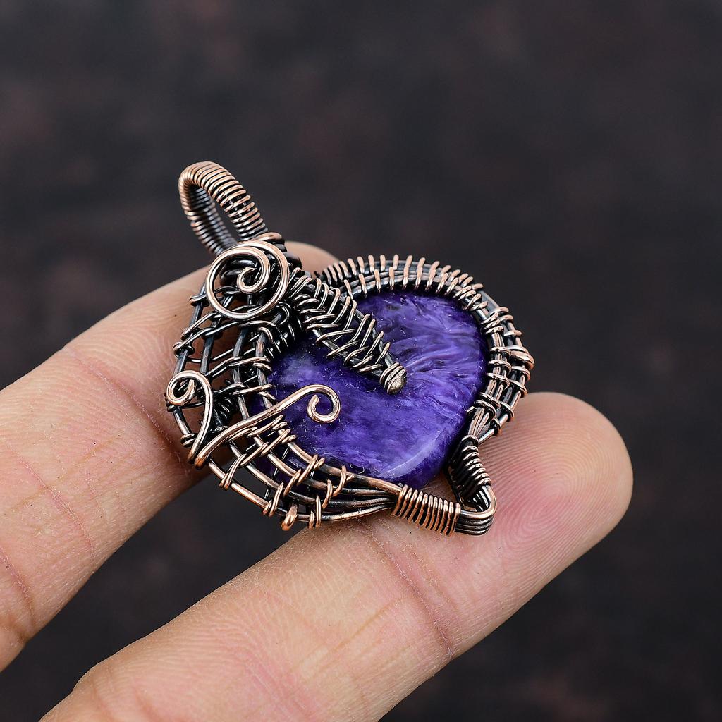 Подвеска из чароита, медная проволочная обертка, драгоценный камень, антикварная медная подвеска, подарок для нее, проволочная обертка, элегантные ювелирные изделия ручной работы