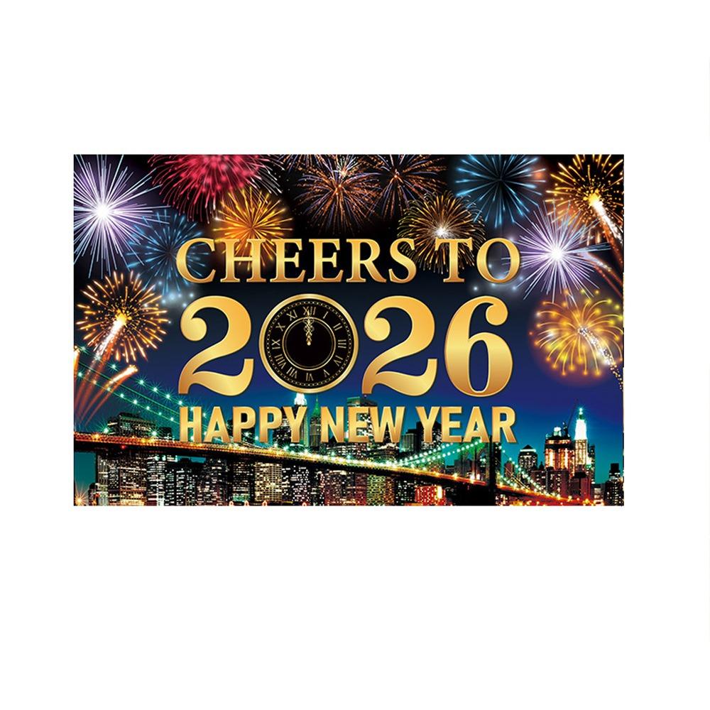 Black Gold 2026 New Year Backdrops Polyester Night Glittering Party Background Colorful Balloon Champagne Photo Background