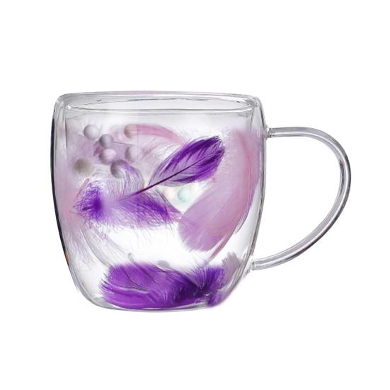 Двойная стеклянная кофейная кружка 250/350 мл с рисунком в виде перьев, с ручкой, с изоляцией, устойчивой к ожогам, с удобным захватом и контролем температуры