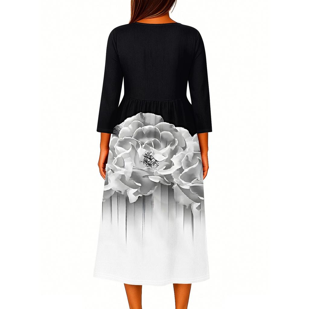 Women's Fashionable Printed Round Neck Seven Quarter Sleeve Button Loose Shirt Dress