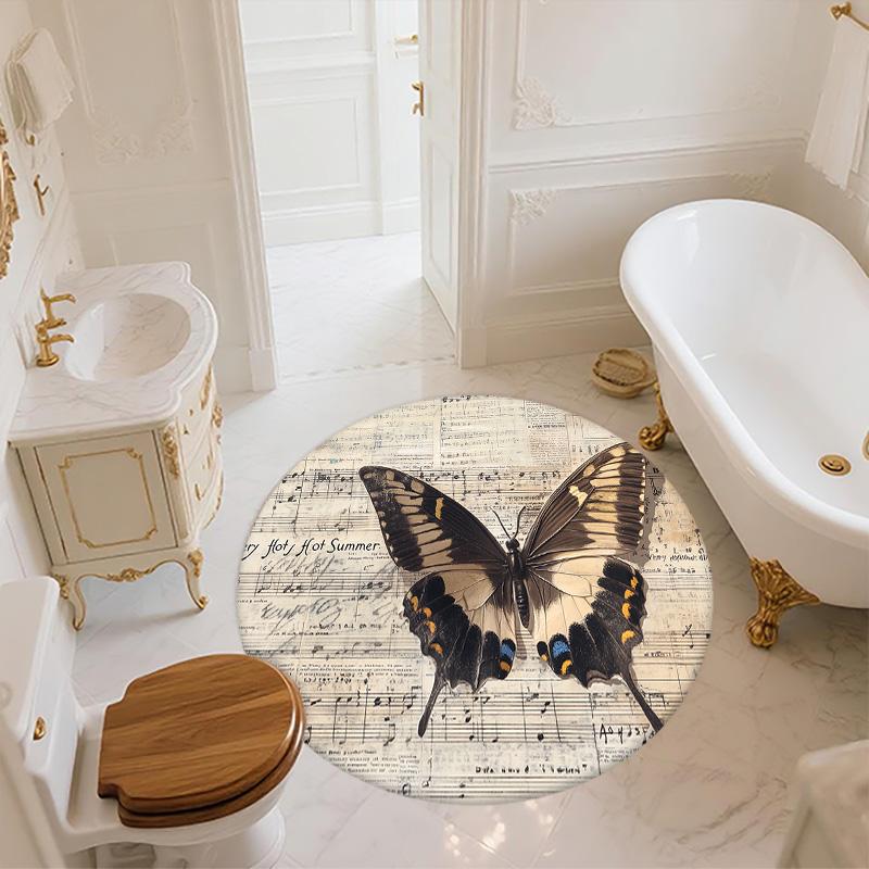 Vintage Butterfly Sheet Music,Round Area Rug,Carpet Rug for Living Room Bedroom Sofa Playroom Decor,Non-slip Floor Mat