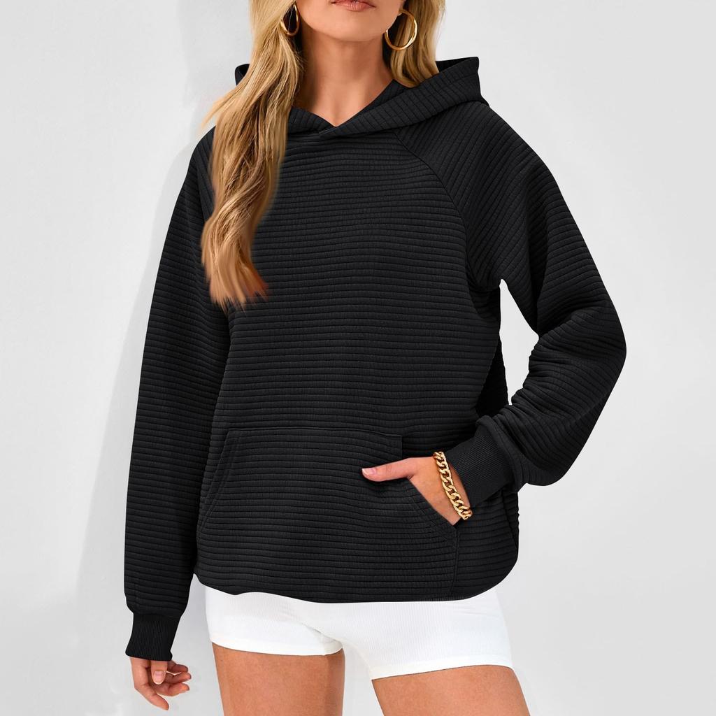 Свитшоты с длинным рукавом для женщин, свободные повседневные однотонные туники с капюшоном, модные текстурные пуловеры, топы на осень с карманом