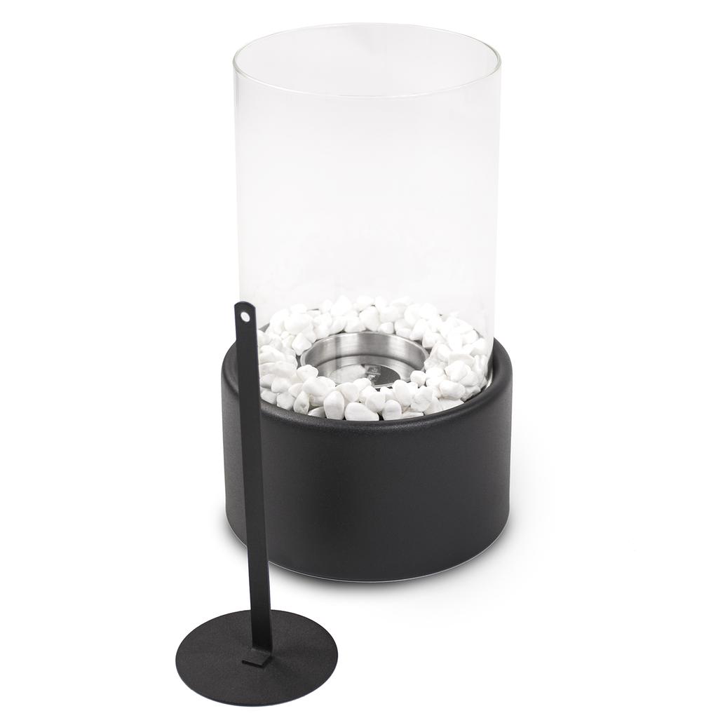 Bio fireplace, free-standing bio-fuel fireplace, terrace table with glass, black