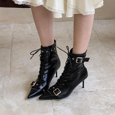 Мода Мода На шнуровке Современные Женские Ботильоны Обувь Ремешок с пряжкой Острый носок Женские Короткие ботинки Каблуки Обувь Женские Туфли-лодочки леди