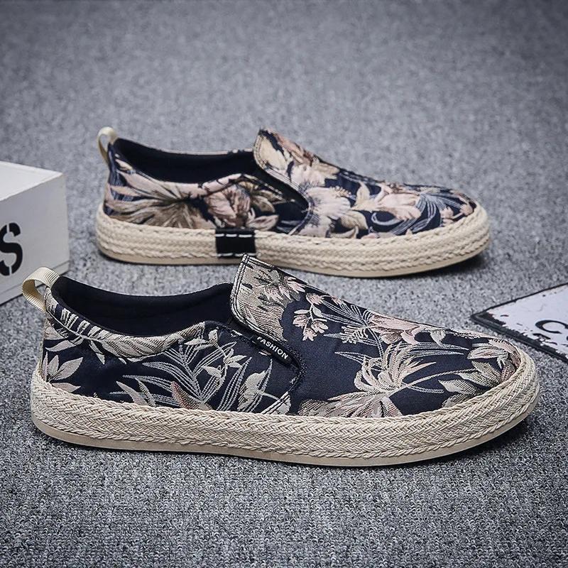 Модная Осенняя Обувь из Холста для Мужчин Дышащая Мужская Повседневная Обувь Кеды без Шнурков Пеньковые Туфли Эспадрильи с Граффити Женская Обувь Балетки