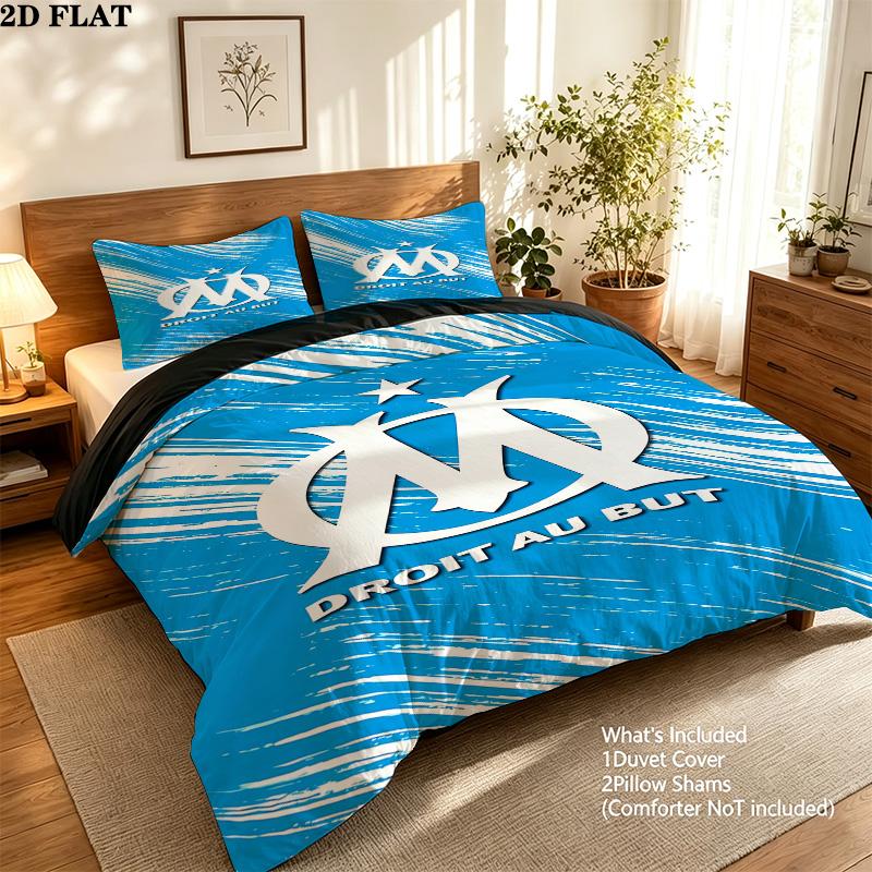 Olympique De Marseille Pattern Bedding Quilt Set Quilt Cover Pillowcase Home Birthday Gift(1 * duvet cover + 2 * pillowcase, without core)