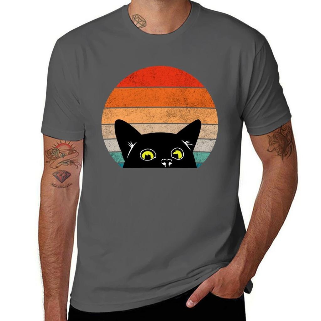 Vintage Retro Style Peeking Black Cat Tshirt Fashion Casual Short Sleeve Top