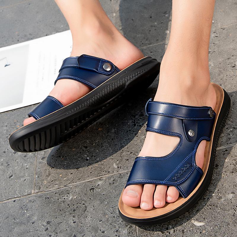 Летние мужские сандалии шлепанцы повседневная мода уличные мужские кожаные сандалии шитье противоскользящие шлепанцы мягкие дышащие повседневные туфли