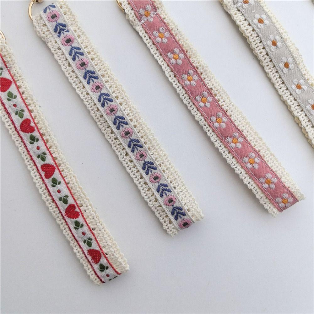 Cloth Ethnic Style Lanyard Colourful Flower Keychain Versatile Lace Wrist Strap  Women
