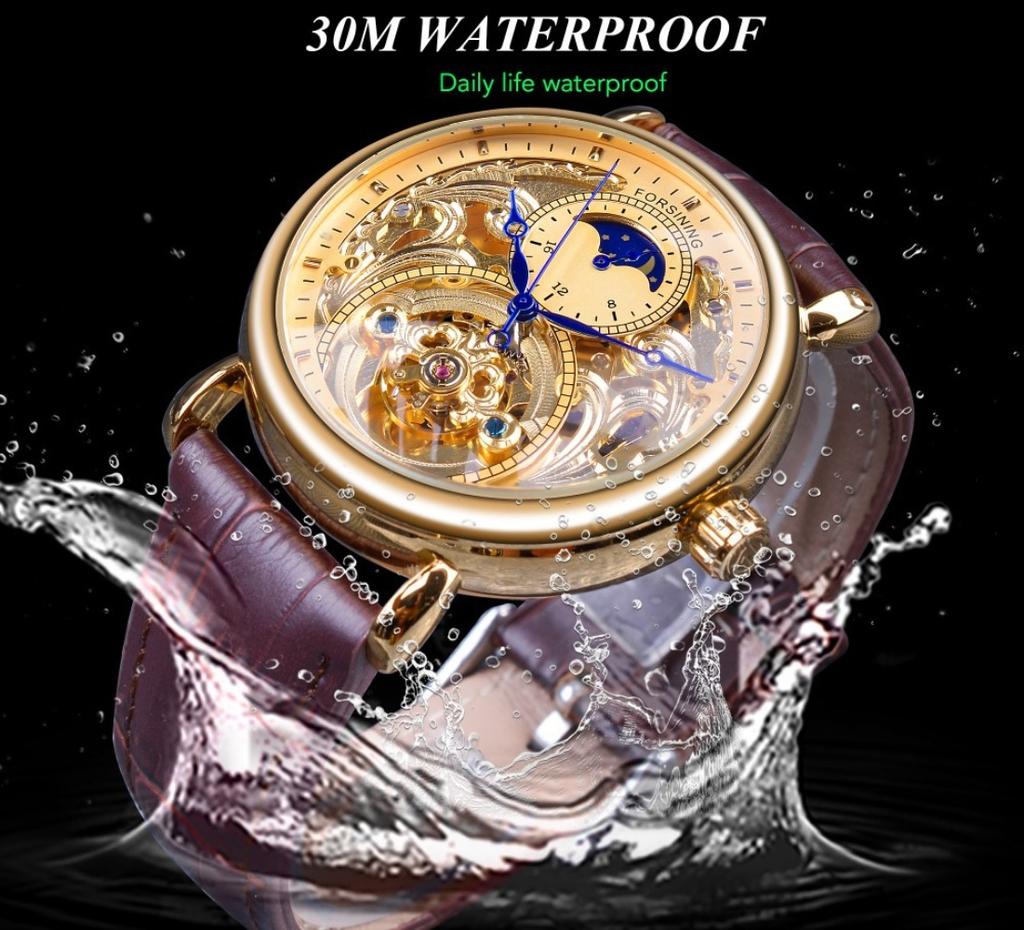 Forsining Men's Fashion Casual Hollow Moon Phase Carved Hollow Automatic Mechanical Watch